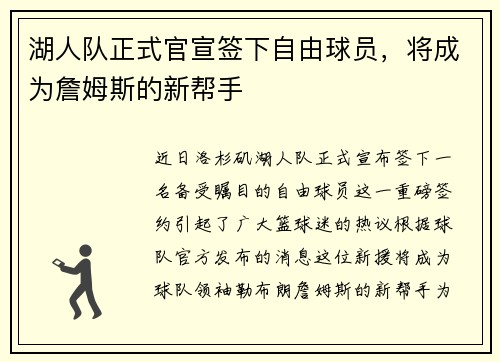 湖人队正式官宣签下自由球员，将成为詹姆斯的新帮手