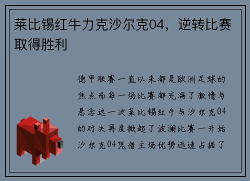 莱比锡红牛力克沙尔克04，逆转比赛取得胜利