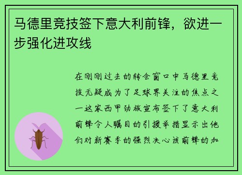 马德里竞技签下意大利前锋，欲进一步强化进攻线