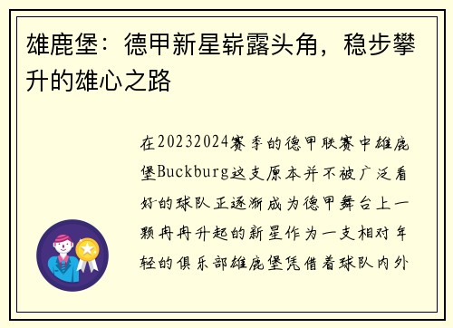 雄鹿堡：德甲新星崭露头角，稳步攀升的雄心之路