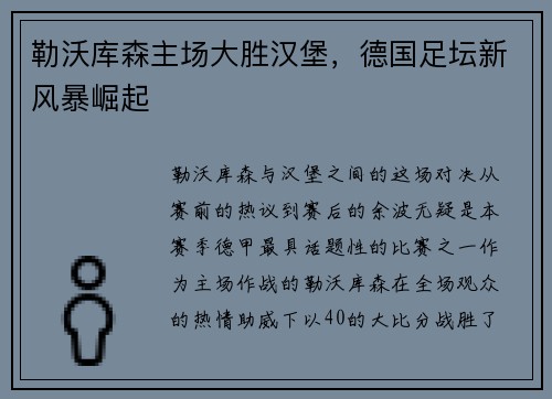 勒沃库森主场大胜汉堡，德国足坛新风暴崛起
